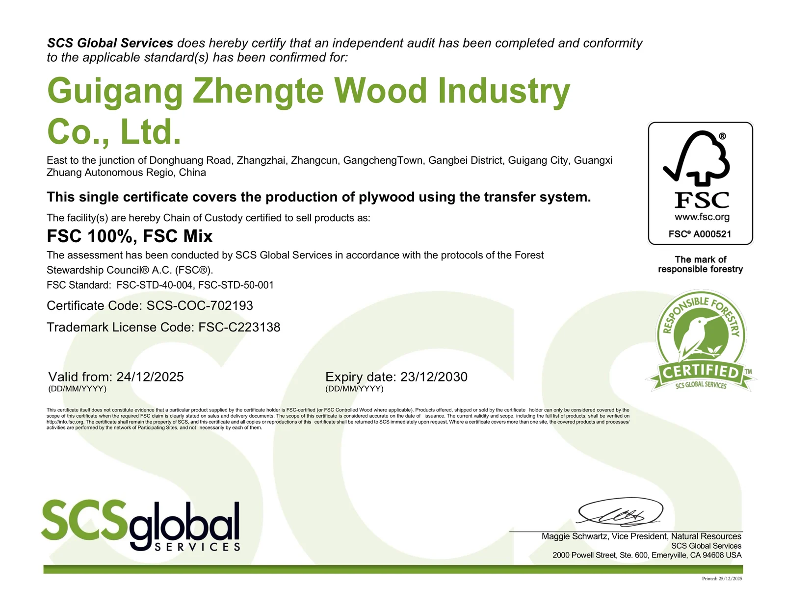 Zhengte factory FSC certificate full image