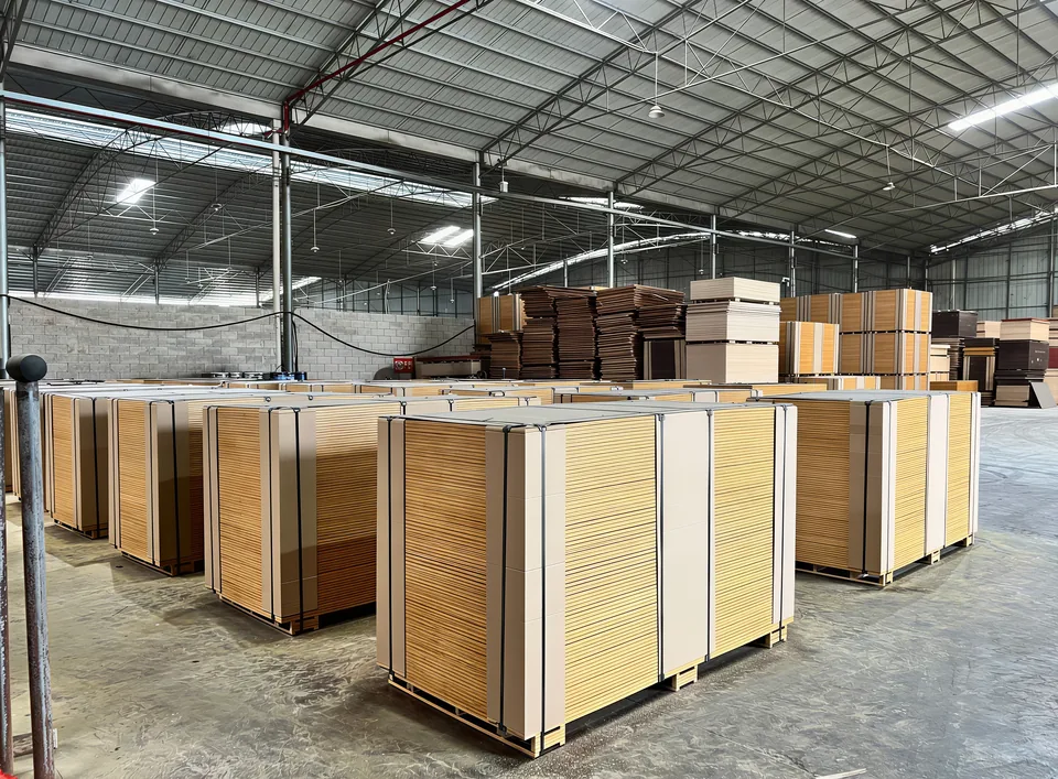 Finished plywood pallets stored in the workshop