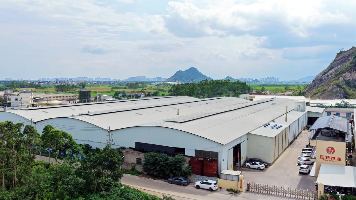 Plywood factory exterior overview in Guangxi